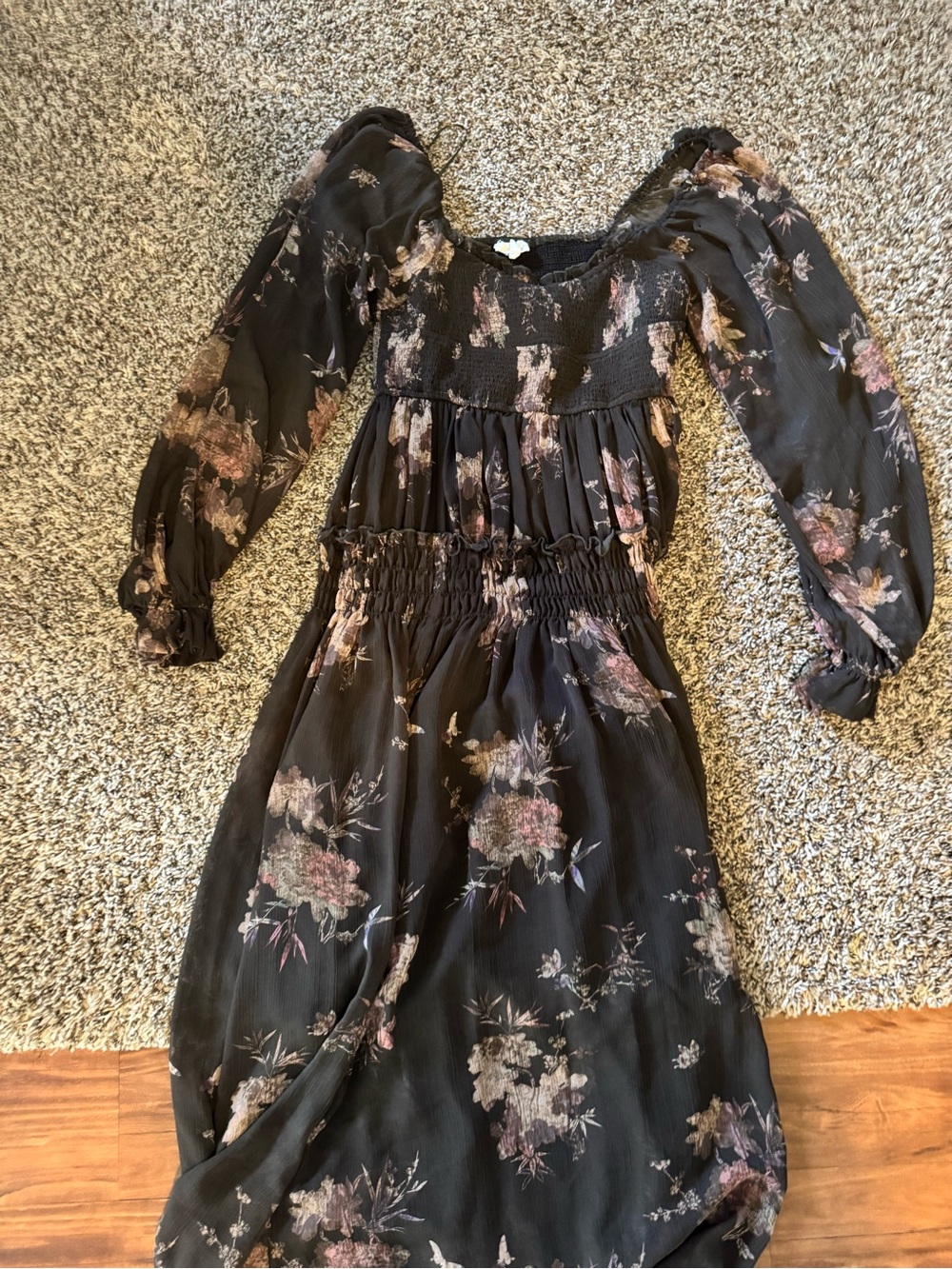 Smocked Floral Chiffon Midi Dress